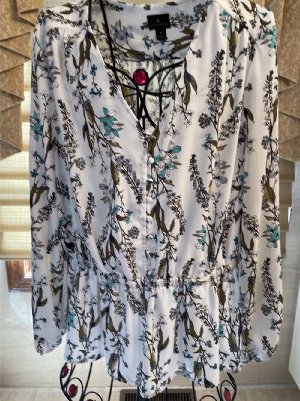 Worthington Long Sleeve White Floral  Print V-neck Elastic Waist Blouse Size L